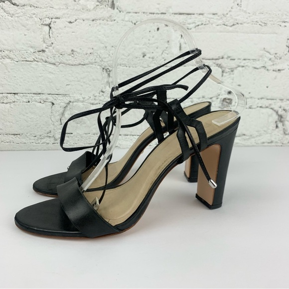 Raye Kendall Black Wrap Ankle Tie Lace Sandal Peep Heels Black Leather 10 - Picture 2 of 15